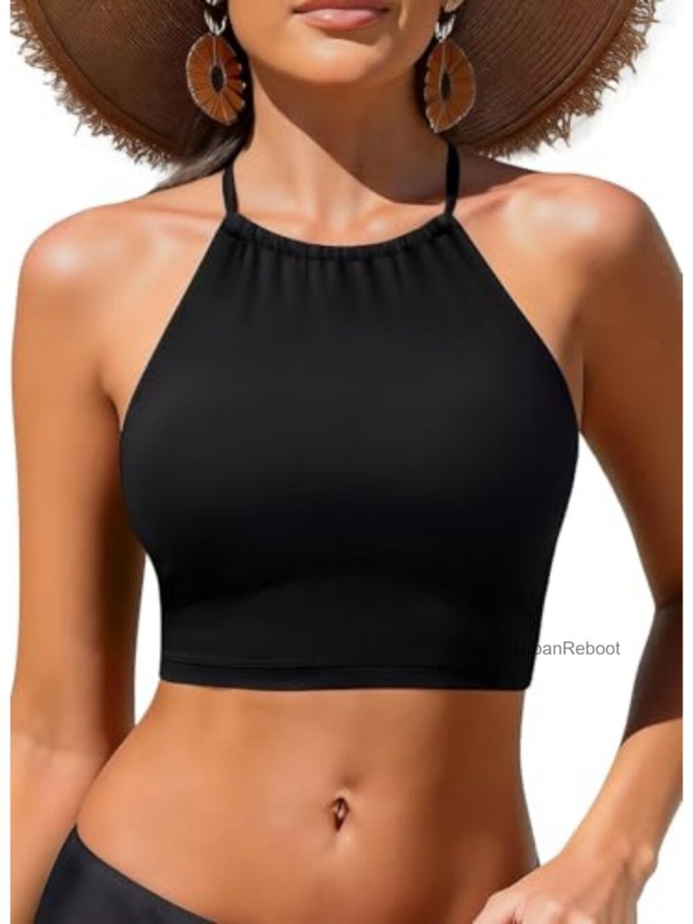 High Neck Halter Bikini Top Longline Full Coverage Swim Top Only